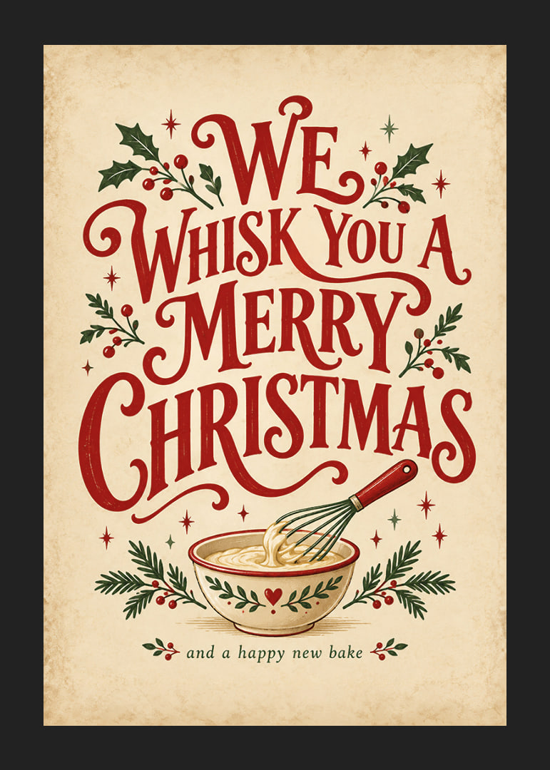 Cartel navideño de inspiración vintage con tipografía alegre, batidor y ramitas festivas.-12