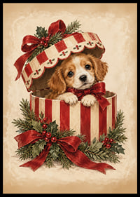 Un adorable cachorro se asoma de una caja de regalo navideña decorada con cintas rojas y vegetación.-6