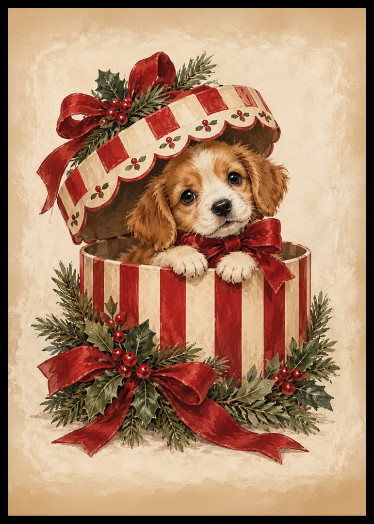 Un adorable cachorro se asoma de una caja de regalo navideña decorada con cintas rojas y vegetación.-12