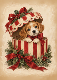 Un adorable cachorro se asoma de una caja de regalo navideña decorada con cintas rojas y vegetación.-7