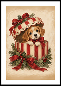 Un adorable cachorro se asoma de una caja de regalo navideña decorada con cintas rojas y vegetación.-0