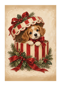 Un adorable cachorro se asoma de una caja de regalo navideña decorada con cintas rojas y vegetación.-1