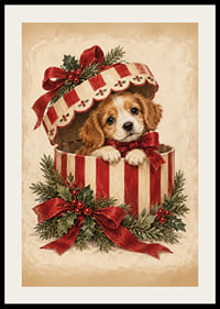 Un adorable cachorro se asoma de una caja de regalo navideña decorada con cintas rojas y vegetación.-2