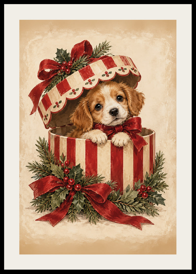 Un adorable cachorro se asoma de una caja de regalo navideña decorada con cintas rojas y vegetación.-12