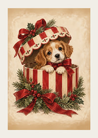 Un adorable cachorro se asoma de una caja de regalo navideña decorada con cintas rojas y vegetación.-3