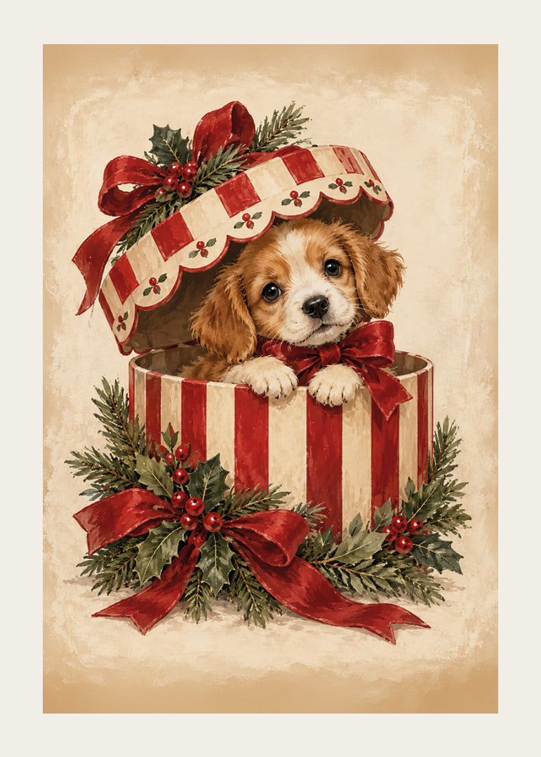 Un adorable cachorro se asoma de una caja de regalo navideña decorada con cintas rojas y vegetación.-12