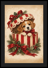 Un adorable cachorro se asoma de una caja de regalo navideña decorada con cintas rojas y vegetación.-4