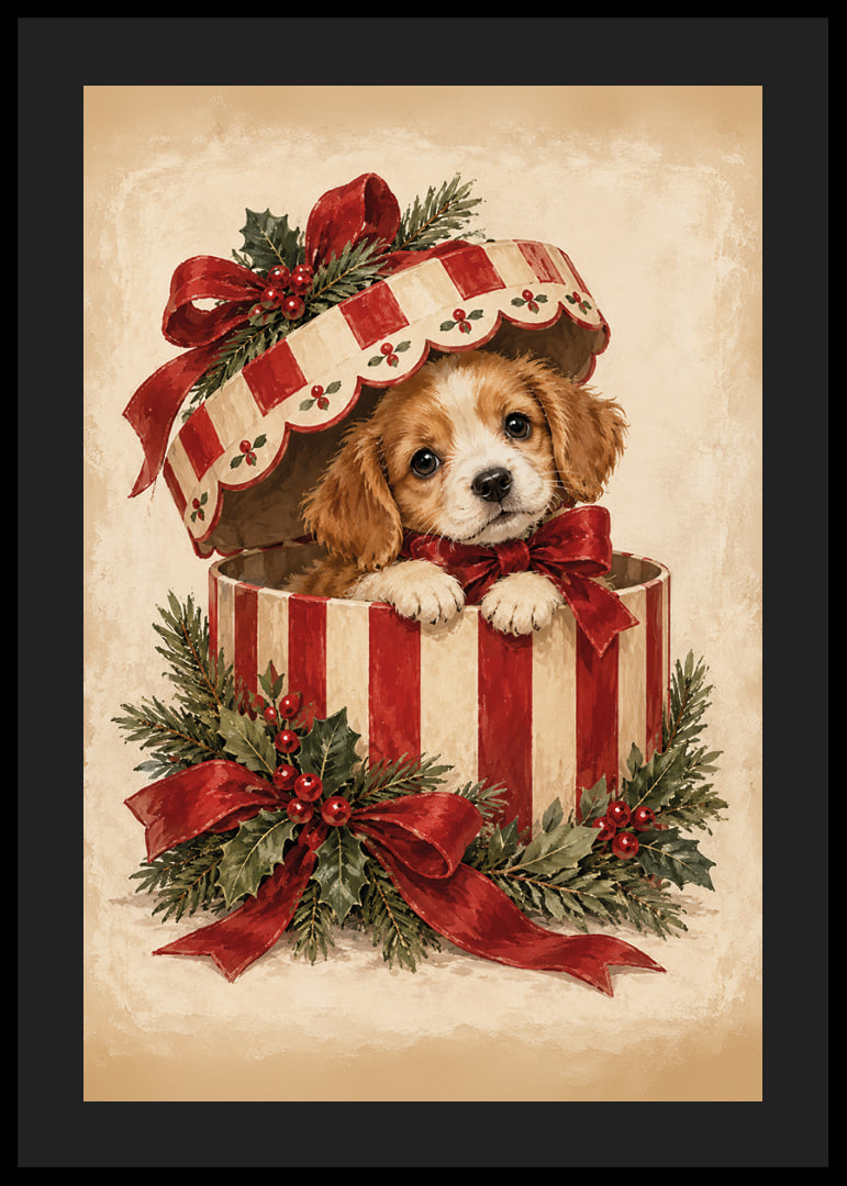 Un adorable cachorro se asoma de una caja de regalo navideña decorada con cintas rojas y vegetación.-12