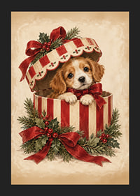 Un adorable cachorro se asoma de una caja de regalo navideña decorada con cintas rojas y vegetación.-5