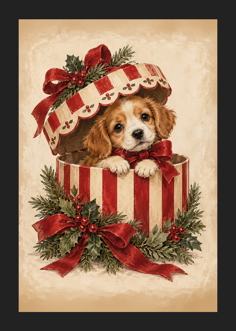 Un adorable cachorro se asoma de una caja de regalo navideña decorada con cintas rojas y vegetación.-12