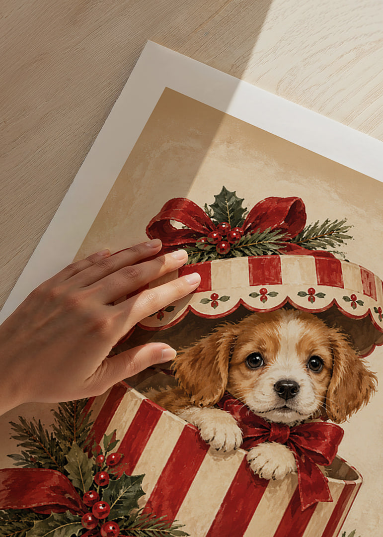 Un adorable cachorro se asoma de una caja de regalo navideña decorada con cintas rojas y vegetación.-12