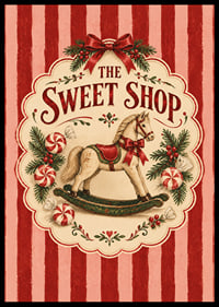 Póster navideño de inspiración vintage con caballito mecedora, bastones de caramelo y las clásicas rayas rojas.-6