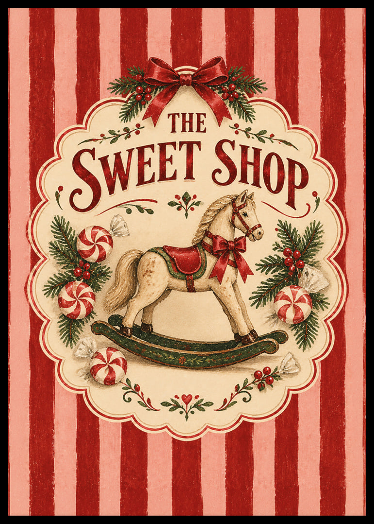Póster navideño de inspiración vintage con caballito mecedora, bastones de caramelo y las clásicas rayas rojas.-12