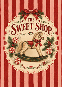 Póster navideño de inspiración vintage con caballito mecedora, bastones de caramelo y las clásicas rayas rojas.-7