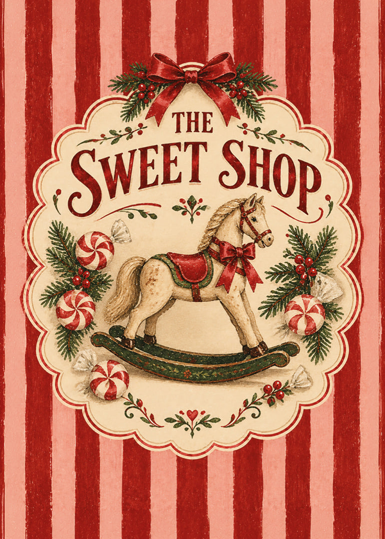 Póster navideño de inspiración vintage con caballito mecedora, bastones de caramelo y las clásicas rayas rojas.-12