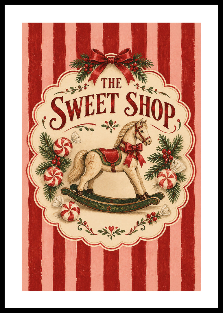 Póster navideño de inspiración vintage con caballito mecedora, bastones de caramelo y las clásicas rayas rojas.-12