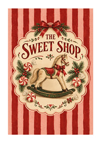 Póster navideño de inspiración vintage con caballito mecedora, bastones de caramelo y las clásicas rayas rojas.-1