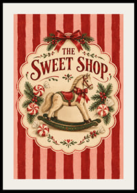 Póster navideño de inspiración vintage con caballito mecedora, bastones de caramelo y las clásicas rayas rojas.-2