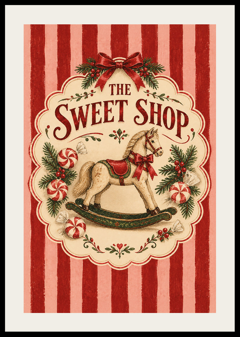 Póster navideño de inspiración vintage con caballito mecedora, bastones de caramelo y las clásicas rayas rojas.-12