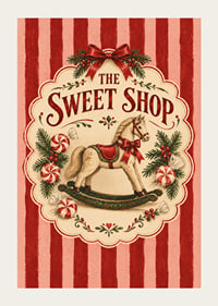 Póster navideño de inspiración vintage con caballito mecedora, bastones de caramelo y las clásicas rayas rojas.-3