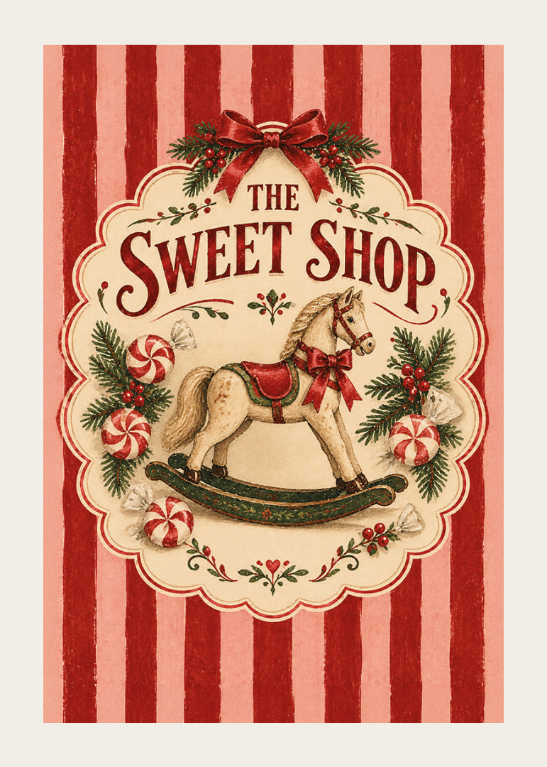Póster navideño de inspiración vintage con caballito mecedora, bastones de caramelo y las clásicas rayas rojas.-12