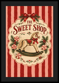 Póster navideño de inspiración vintage con caballito mecedora, bastones de caramelo y las clásicas rayas rojas.-4