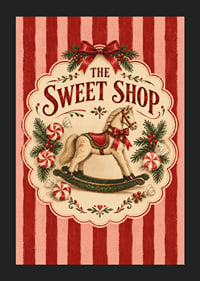 Póster navideño de inspiración vintage con caballito mecedora, bastones de caramelo y las clásicas rayas rojas.-5