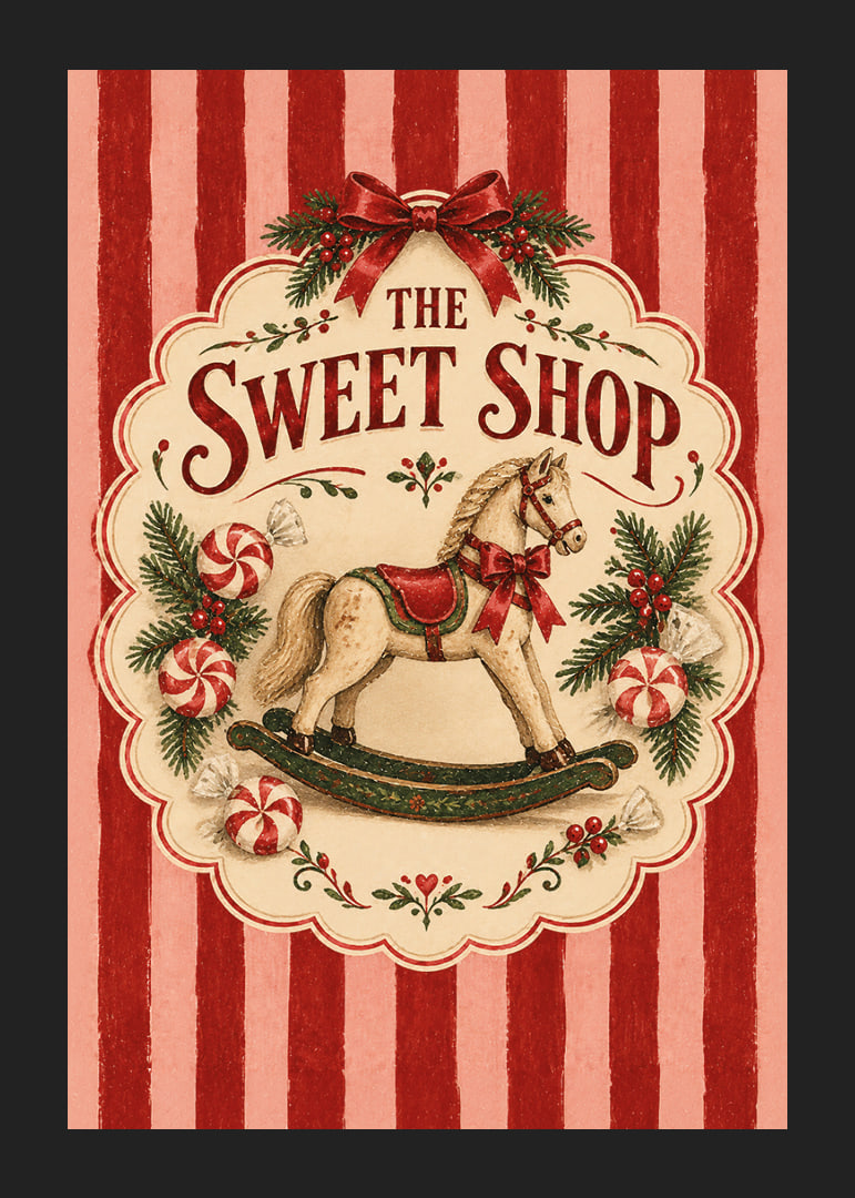 Póster navideño de inspiración vintage con caballito mecedora, bastones de caramelo y las clásicas rayas rojas.-12