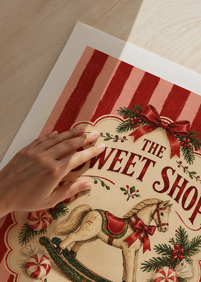 Póster navideño de inspiración vintage con caballito mecedora, bastones de caramelo y las clásicas rayas rojas.-12