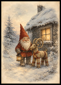 Un Papá Noel amigable con una linterna y una cabra de paja en un paisaje invernal nevado.-0