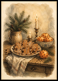 Ambiente navideño cálido con galletas de jengibre, naranjas, ramas de abeto y velas.-0