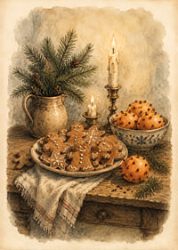 Ambiente navideño cálido con galletas de jengibre, naranjas, ramas de abeto y velas.-1