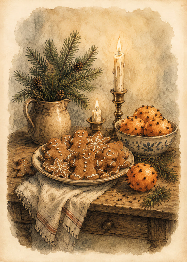 Ambiente navideño cálido con galletas de jengibre, naranjas, ramas de abeto y velas.-12