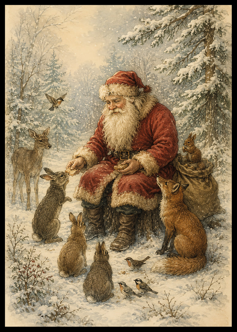 Santa Claus comparte un momento de tranquilidad con los animales del bosque en un paisaje invernal nevado.-12