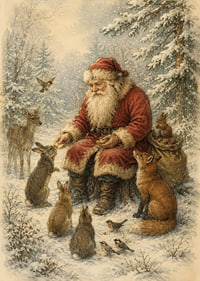 Santa Claus comparte un momento de tranquilidad con los animales del bosque en un paisaje invernal nevado.-1