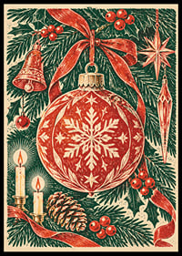 Póster navideño de inspiración vintage con bola de Navidad roja, abeto y velas.-0