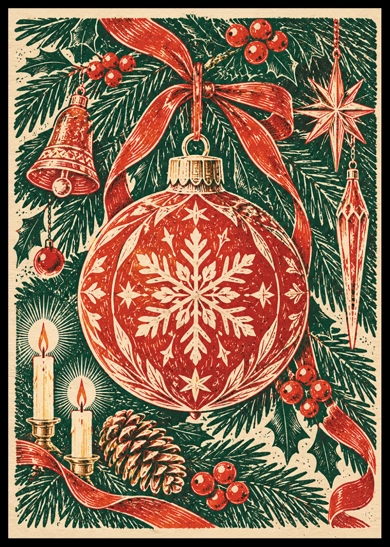 Póster navideño de inspiración vintage con bola de Navidad roja, abeto y velas.-12