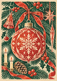 Póster navideño de inspiración vintage con bola de Navidad roja, abeto y velas.-1