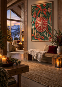 Póster navideño de inspiración vintage con bola de Navidad roja, abeto y velas.-2