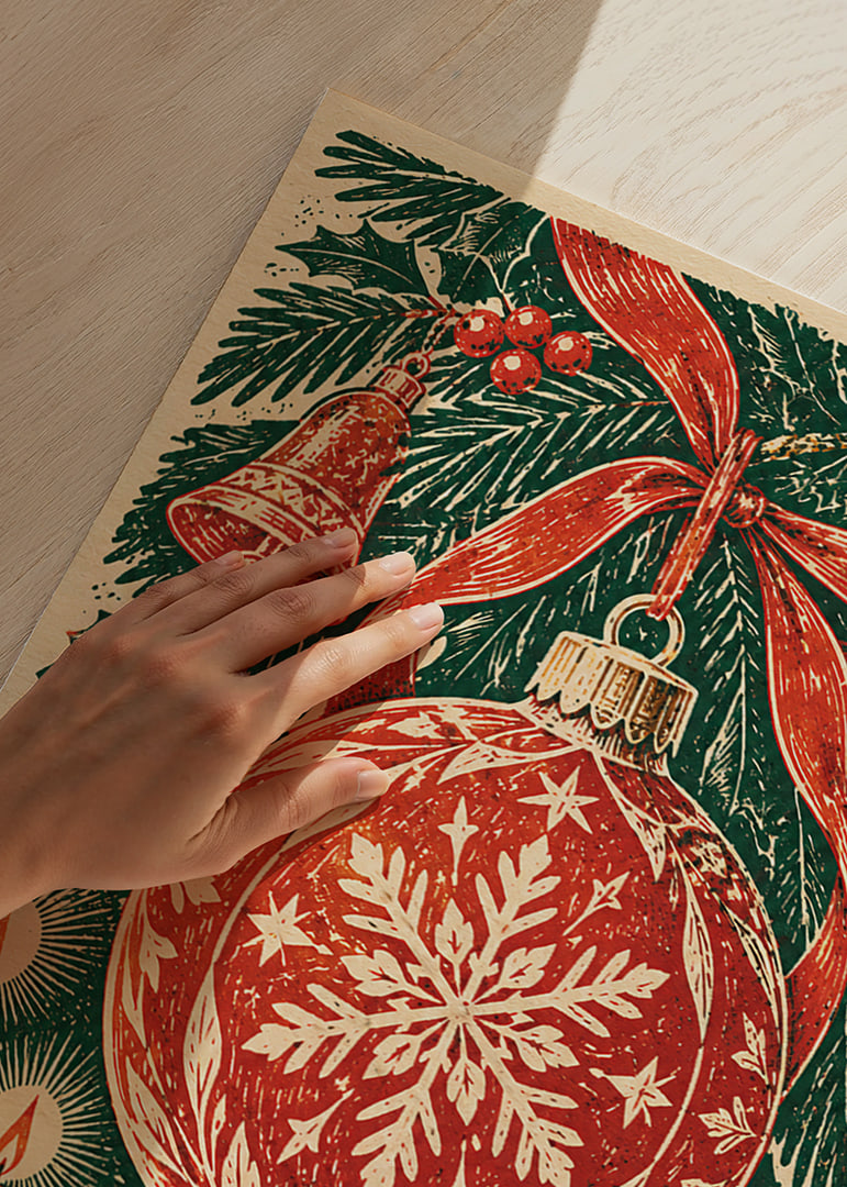 Póster navideño de inspiración vintage con bola de Navidad roja, abeto y velas.-12