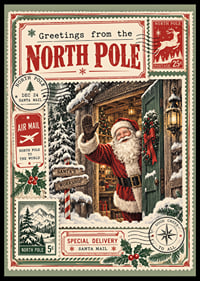 Cartel navideño de inspiración vintage con Papá Noel fuera de su taller nevado.-0