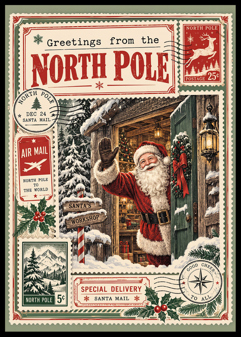 Cartel navideño de inspiración vintage con Papá Noel fuera de su taller nevado.-12