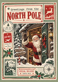 Cartel navideño de inspiración vintage con Papá Noel fuera de su taller nevado.-1