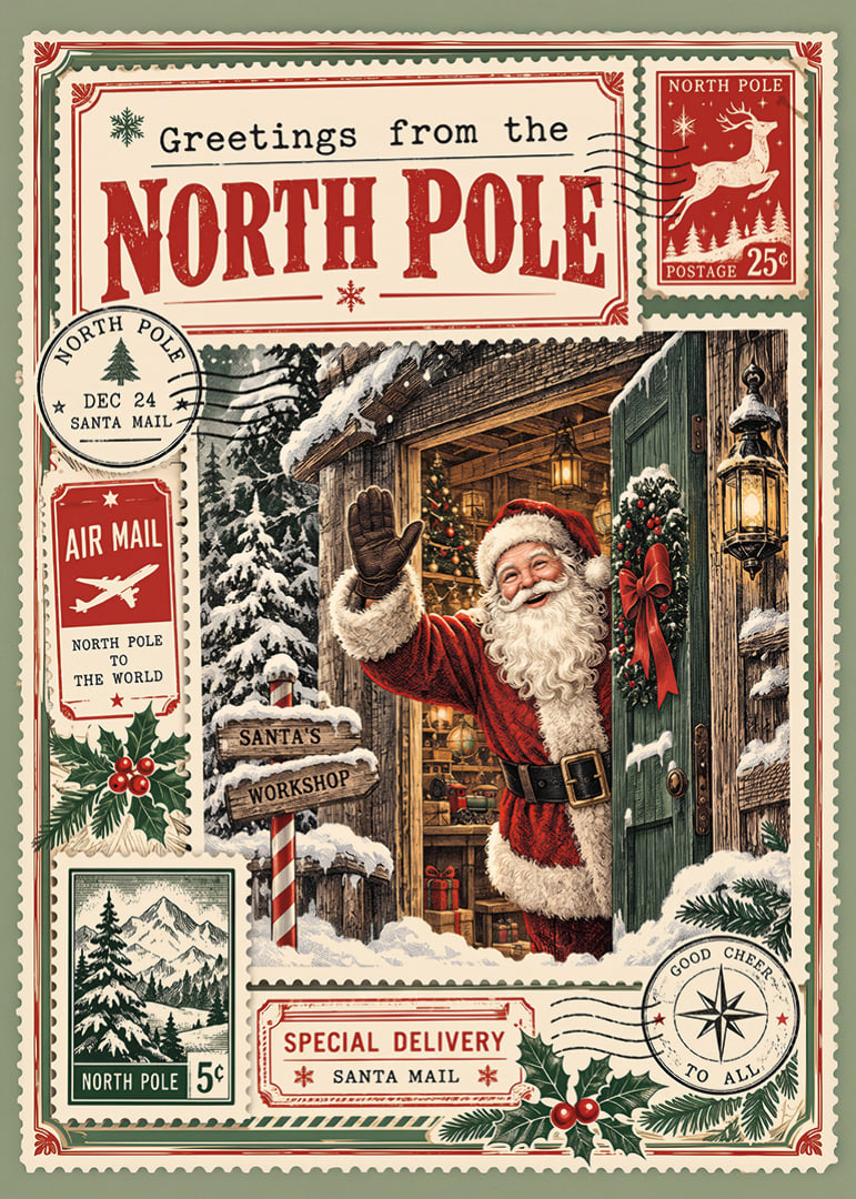 Cartel navideño de inspiración vintage con Papá Noel fuera de su taller nevado.-12