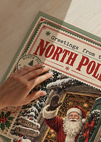 Cartel navideño de inspiración vintage con Papá Noel fuera de su taller nevado.-3
