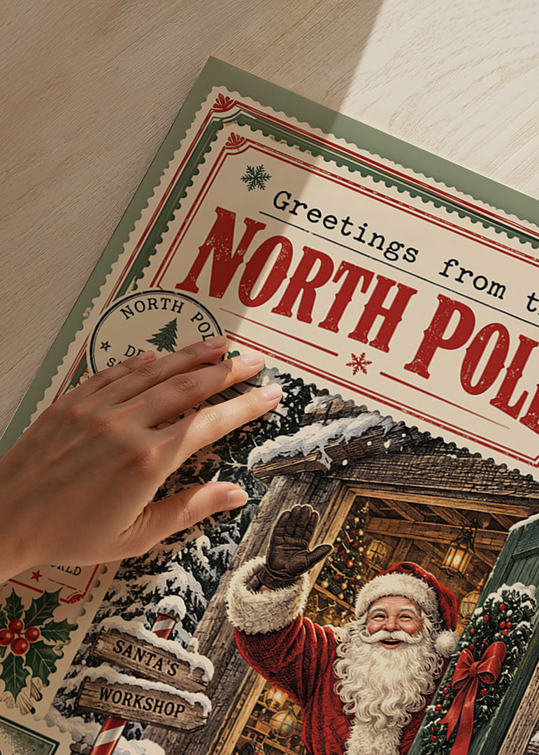 Cartel navideño de inspiración vintage con Papá Noel fuera de su taller nevado.-12
