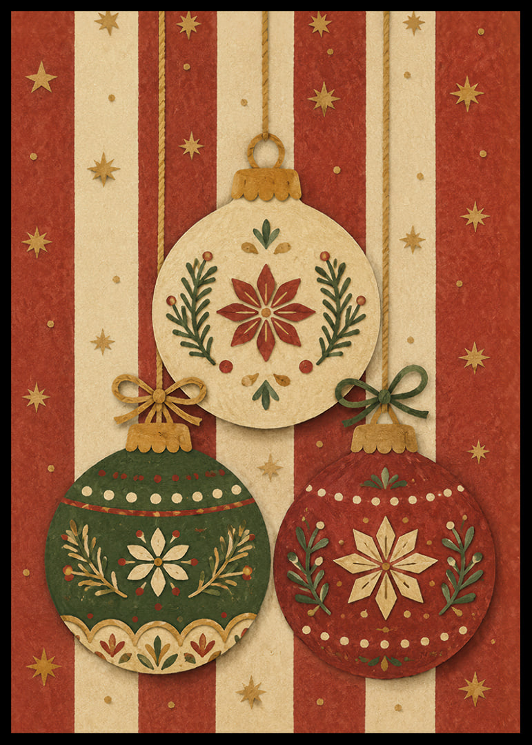 Tres adornos navideños decorativos en rojo, verde y dorado crean un ambiente navideño cálido y nostálgico.-12