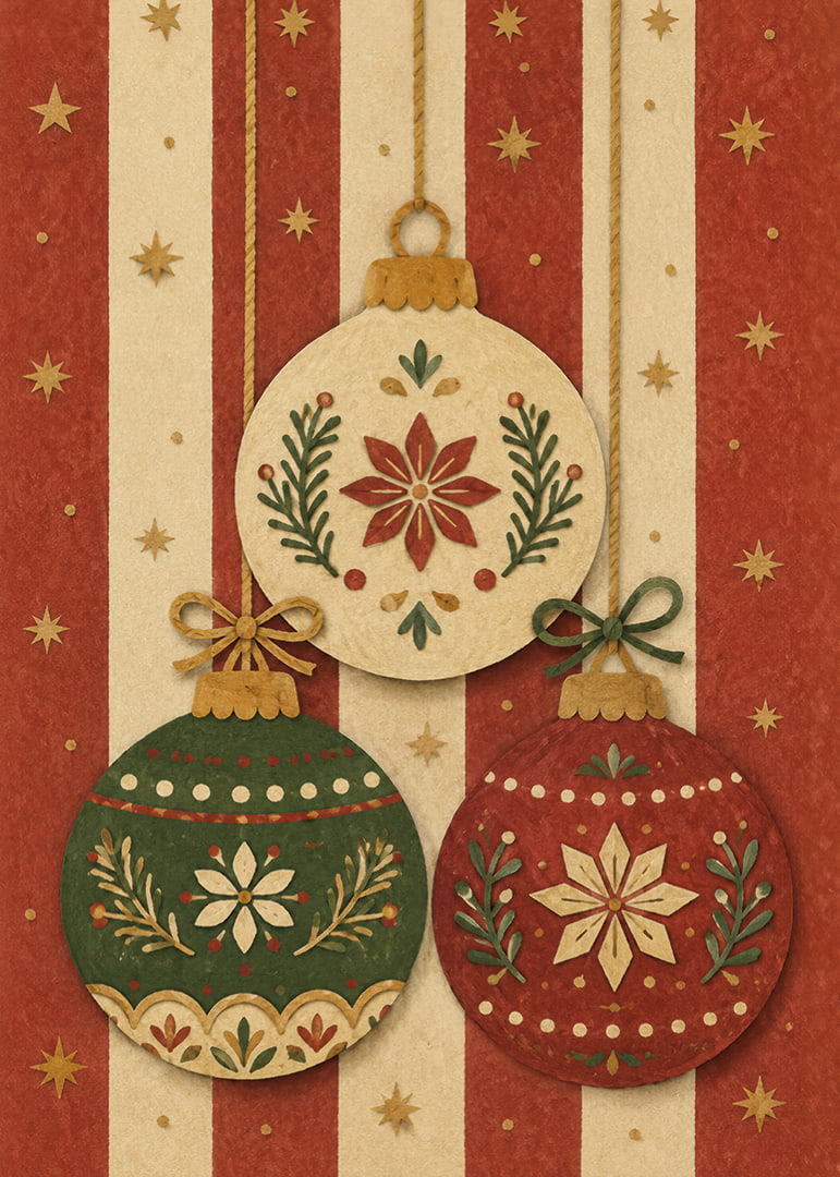 Tres adornos navideños decorativos en rojo, verde y dorado crean un ambiente navideño cálido y nostálgico.-12