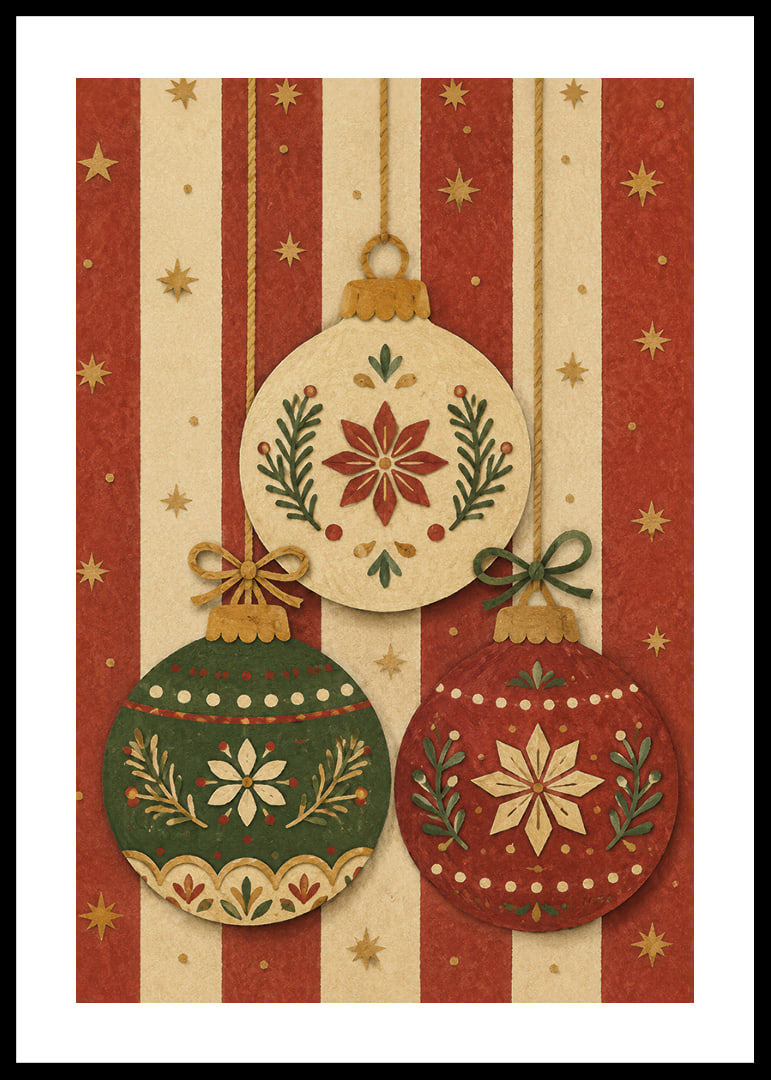 Tres adornos navideños decorativos en rojo, verde y dorado crean un ambiente navideño cálido y nostálgico.-12