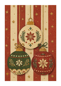 Tres adornos navideños decorativos en rojo, verde y dorado crean un ambiente navideño cálido y nostálgico.-1